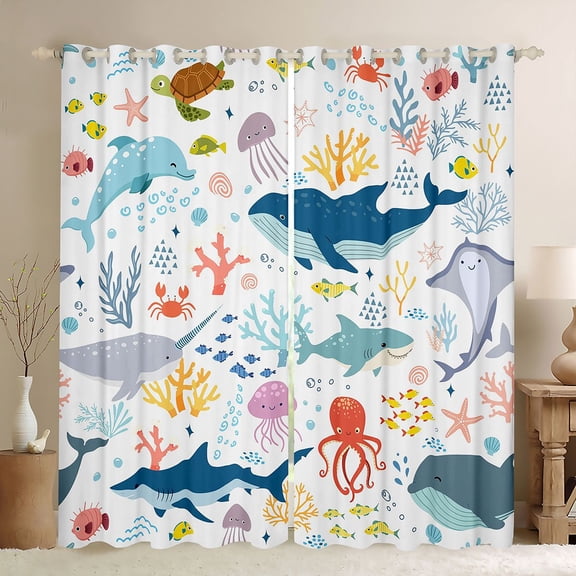Manfei Cartoon Sea Shark Blackout Curtains, Undersea Animal Window Curtains Pack of 2 (38x45 Each), White Blue