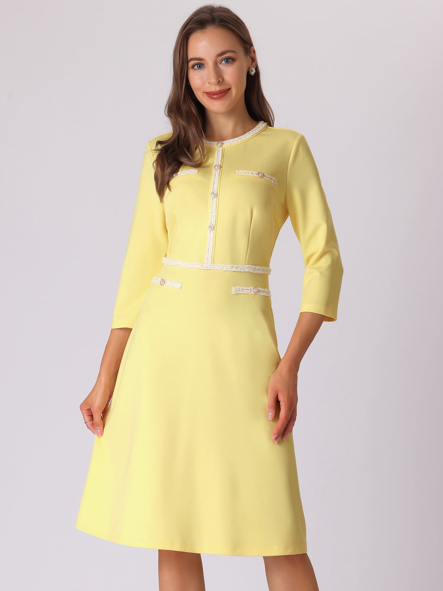 DARING DIVA Women's A-Line Contrast Color Tweed Trim Dress L Yellow