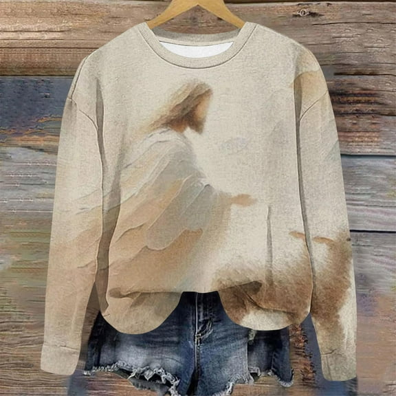 Womens Christmas Graphic Sweatshirts 2024 Fashionable Xmas Printed Shirts Round Neck Long Sleeved Loose Comfortable Pullover Hoodie Tops Beige M