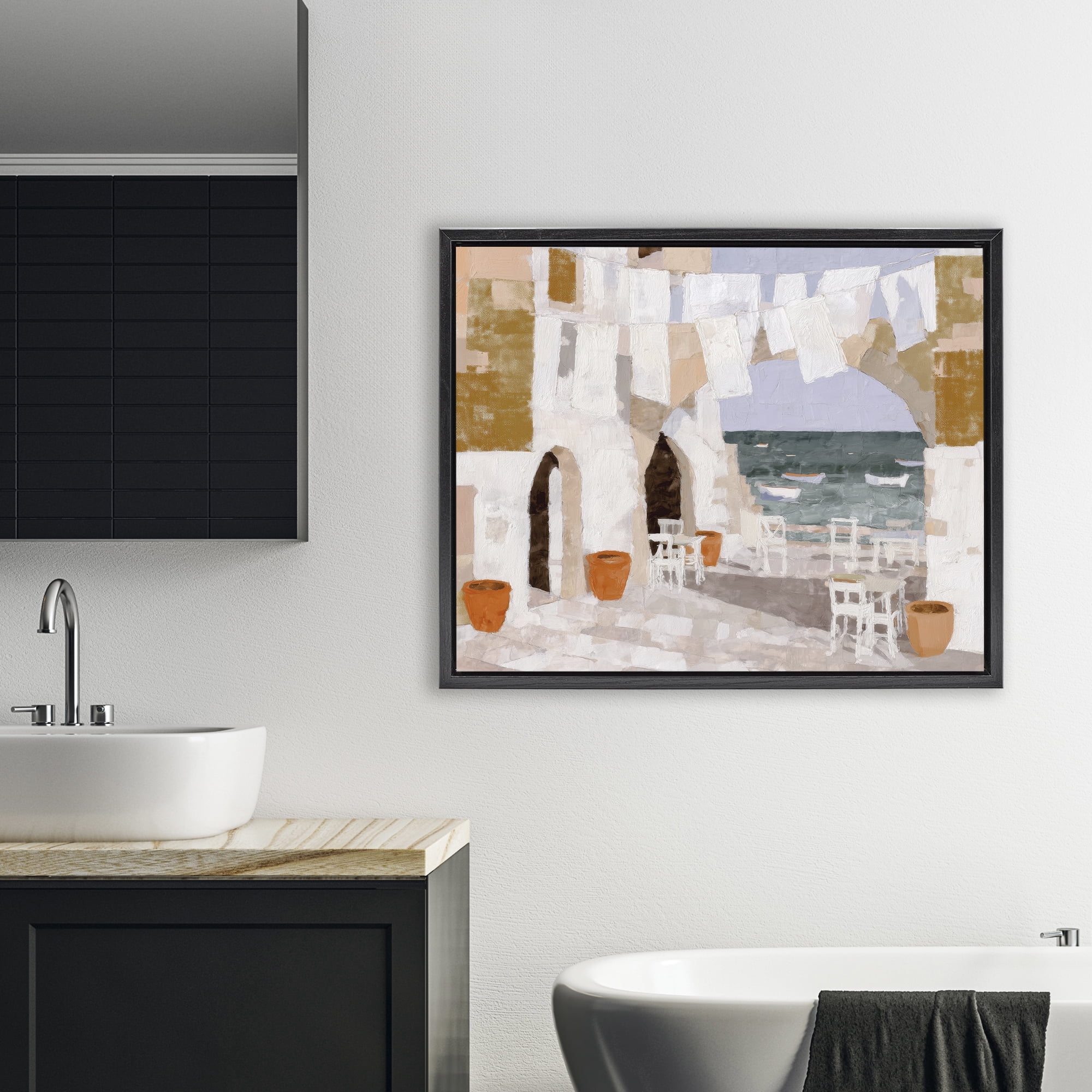 Stupell Industries Coastal Village Plaza Laundry Black Framed Floater Canvas Wall Art, design by Chromatic Storm Studio