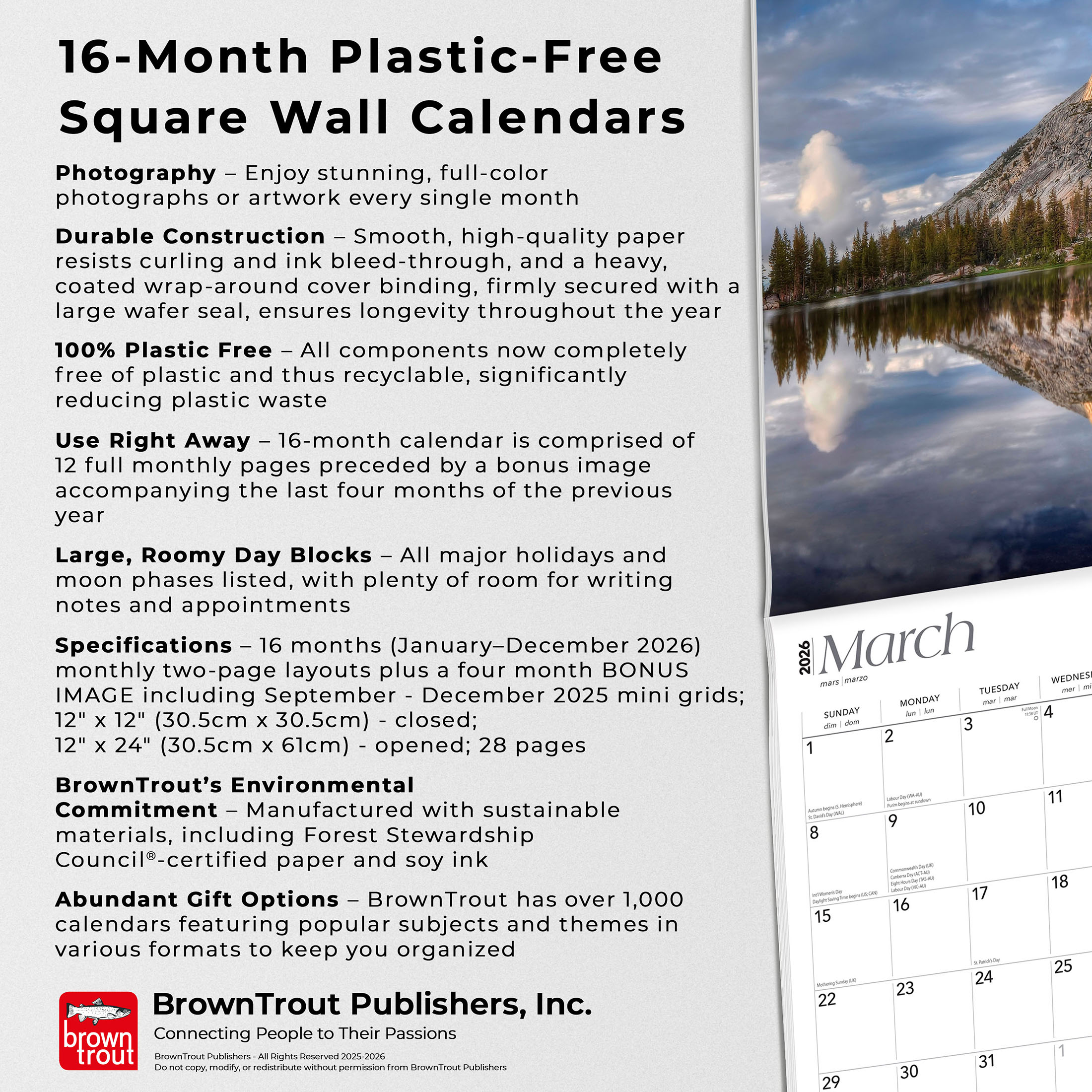Yosemite | 2026 12x24" (Hanging) Square Wall Calendar | Plastic-Free | BrownTrout