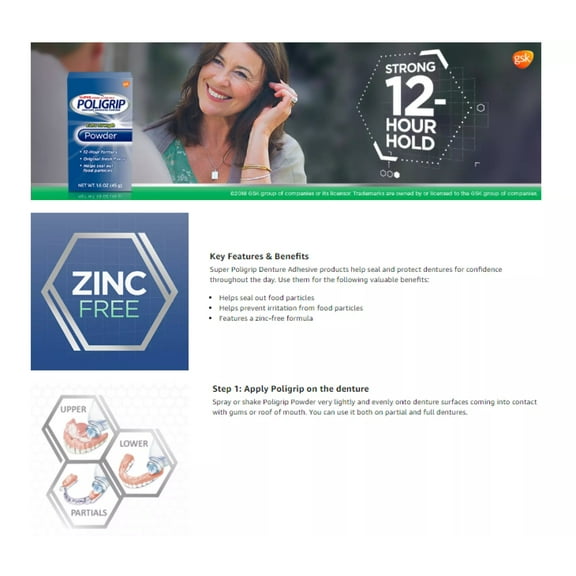 Super Poligrip Extra Strength Denture Powder Original Fresh Flavor, 1.6oz