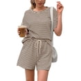 thumbnail image 2 of Womens 2 Piece Sets Summer Lounge Sets Striped Short Sleeve Oversized T Shirts Drawstring Shorts Matching Set, 2 of 5