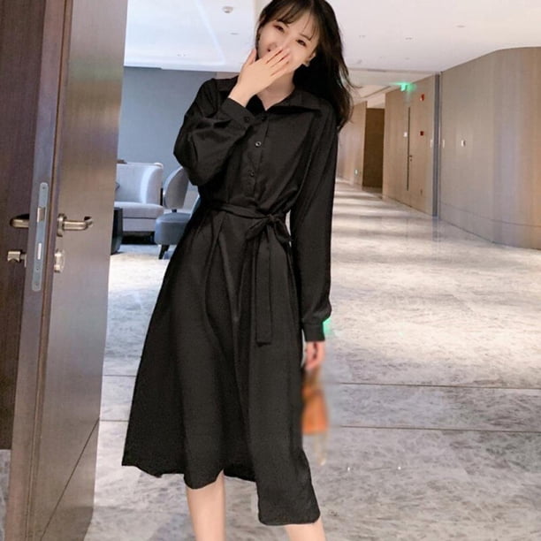 Women Casual Autumn Dress Lady Korean Style Minimalist Solid Color Shirt  Dress Long Sleeve Bow Dress Vestido Black XL - Walmart.ca