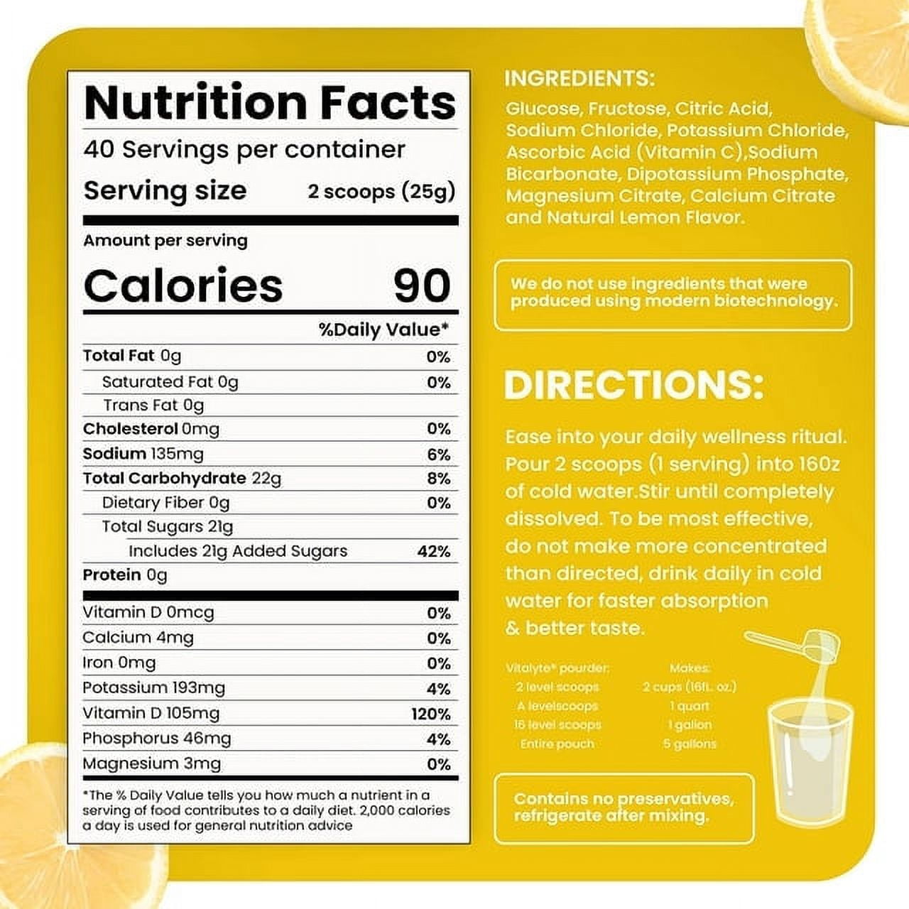 Vitalyte Lemon Electrolyte Powder Mix, Isotonic Hydration, 160 Servings (4-Pack, 35 oz each)