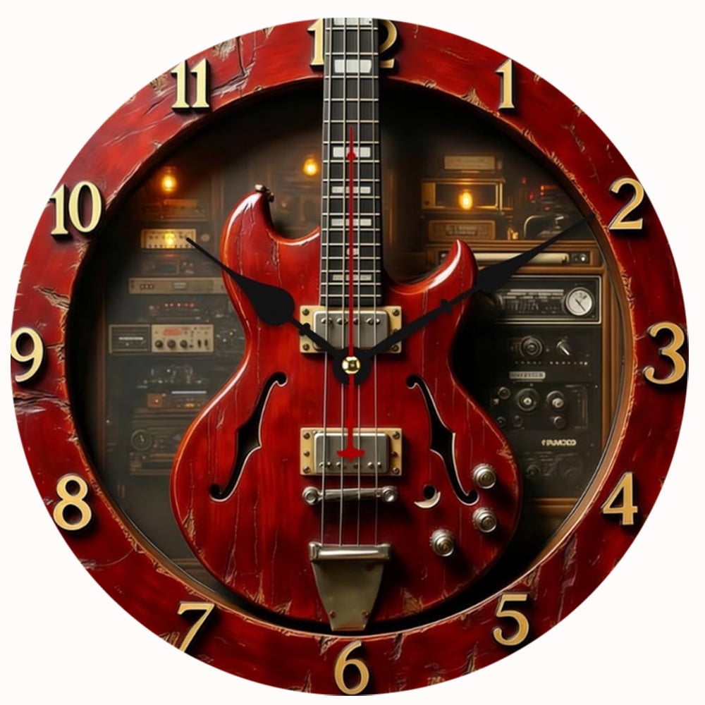 2D Flat Wooden Wall Clock,Vintage Electric Guitar Wall Clock,Silent Non-Ticking Retro Music-Themed,Decor for Bedroom Office Cafe Gift - AA Battery Not Included