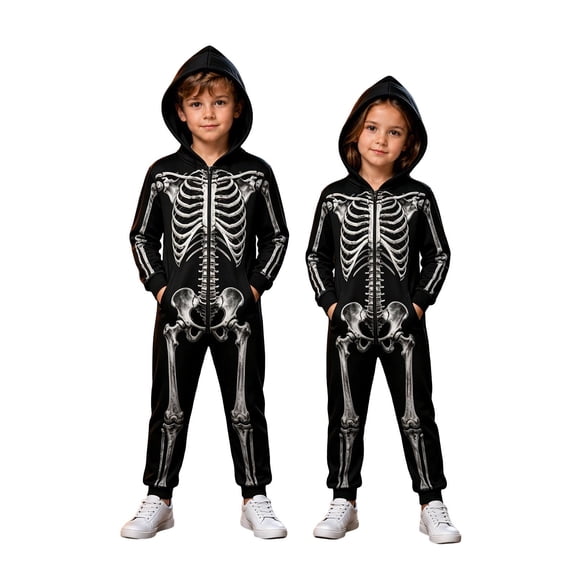 Krdevn Kids Halloween Classic White Skeleton Hooded Full Zip Jumpsuit Unisex Cosplay with Side Pockets 9-10 Years,Black
