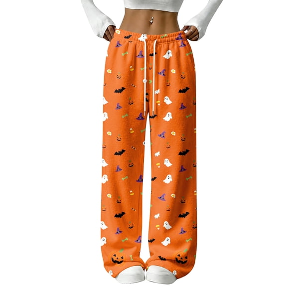 Trgacdwlo Halloween Fleece Pajama Pants for Women Spooky Season Flannel Wide Leg Lounge Pants Women Holiday Fall Winter Warm Fuzzy Pajama Pants