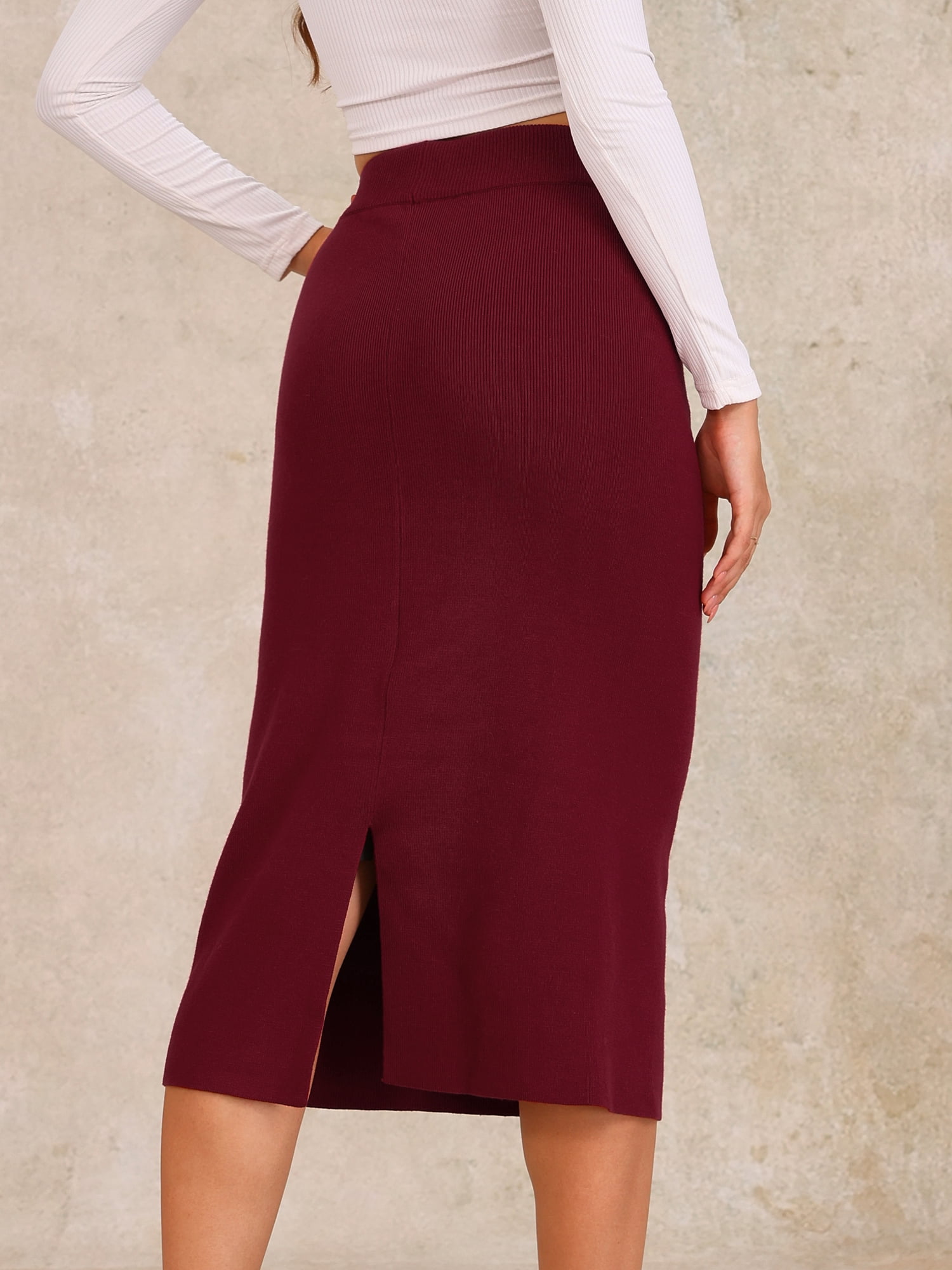 DARING DIVA Women's Ribbed Knit Stretchy Slit Midi Skirt S Claret