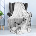 thumbnail image 4 of Nature Soft Flannel Fleece Throw Blanket, Boat on the River by the Water Reeds Fishing Lake Plants Hand Drawn Style Nature, Cozy Plush for Indoor and Outdoor Use, 50" x 70", Black White, by Ambesonne, 4 of 5