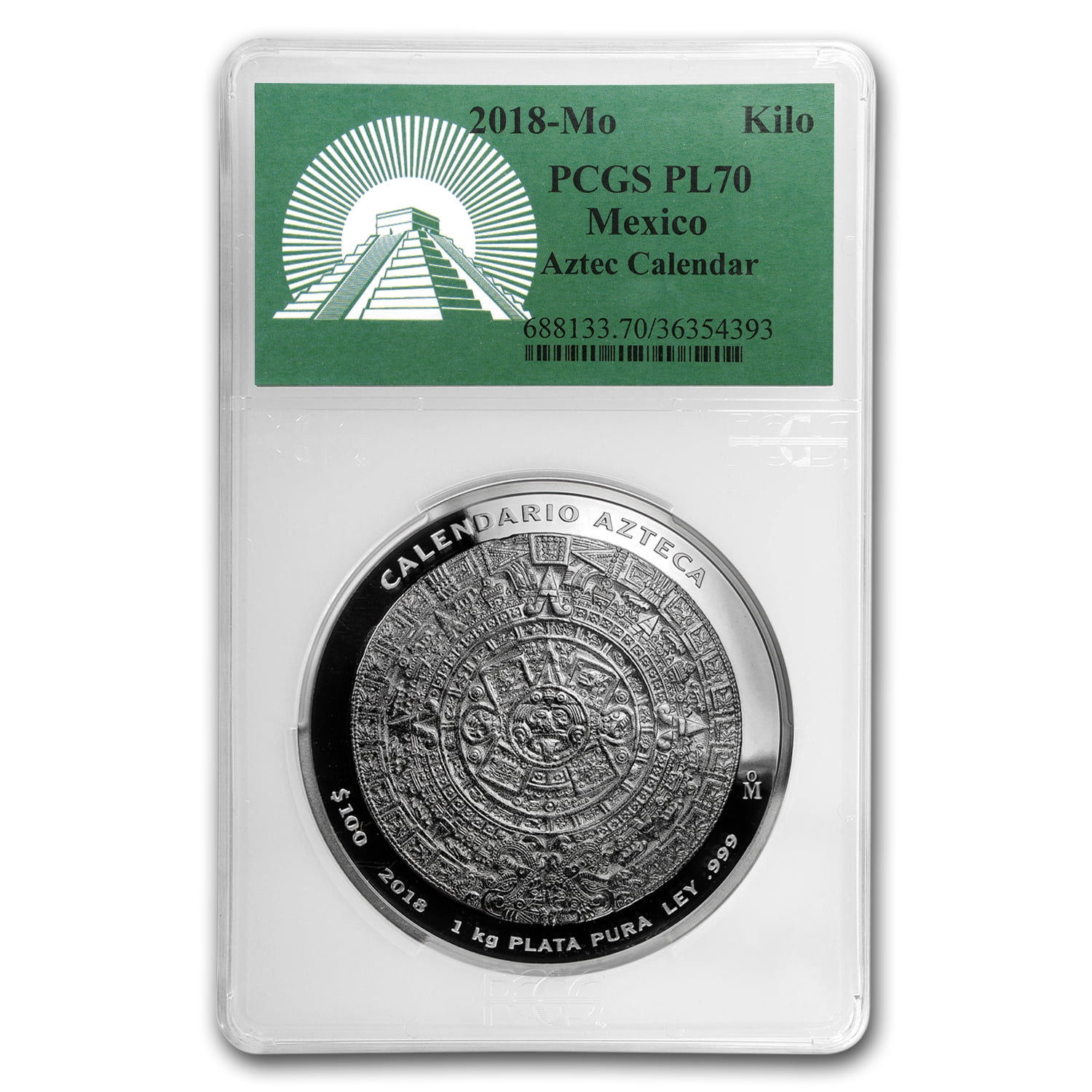 2018 Mexico 1 kilo Silver Aztec Calendar PL70 PCGS (Green Label