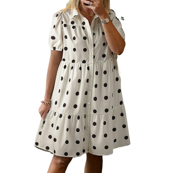 Women's White Polka Dot Print Short Sleeve Collared Buttoned Tiered Babydoll Dress | [ZhiHiMeRi] | (US 12-14)L