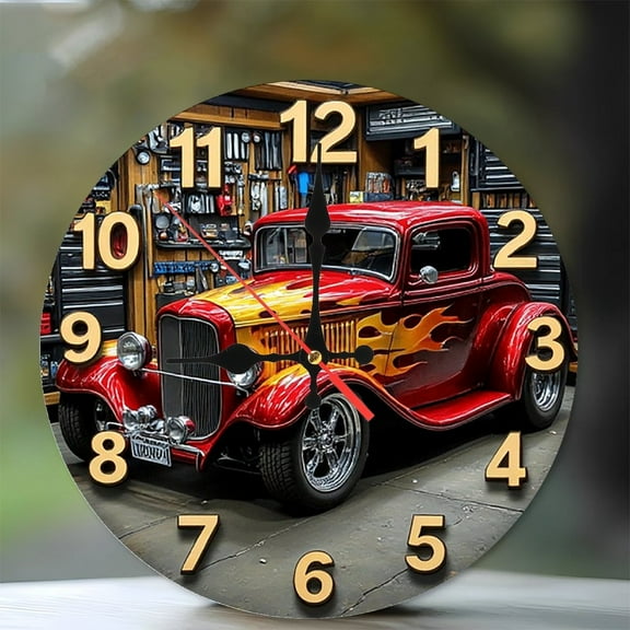 Classic Car Garage Wall Clock Hot Rod Decor 10-Inch Silent Wooden Wall Clock, Battery Operated (AA Batteries Not Included), Artistic Home Decor