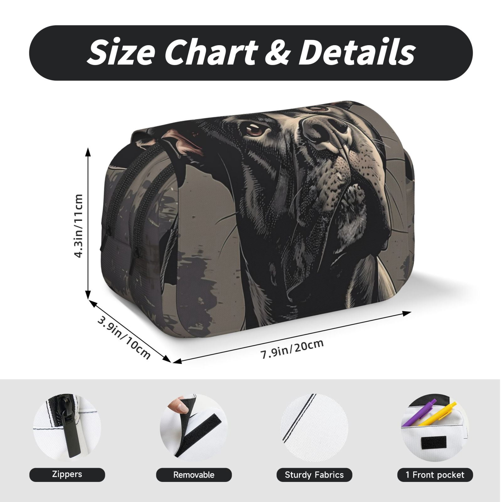 Rateoe Vintage Dog Illustration Pattern Double Clamshell Pen Case, Storage Organizer with Two Zipper Compartments– Holds Up to 50 Pencils & Pens