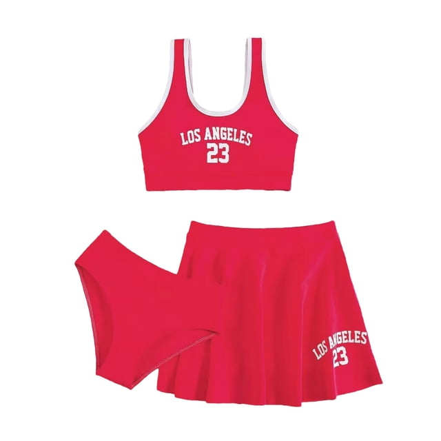 MIASHUI Maillot de Bain Fille 3 Pcs Imprimé Lettre Bikini avec Jupes de Couverture, Rouge, 10-11 Ans