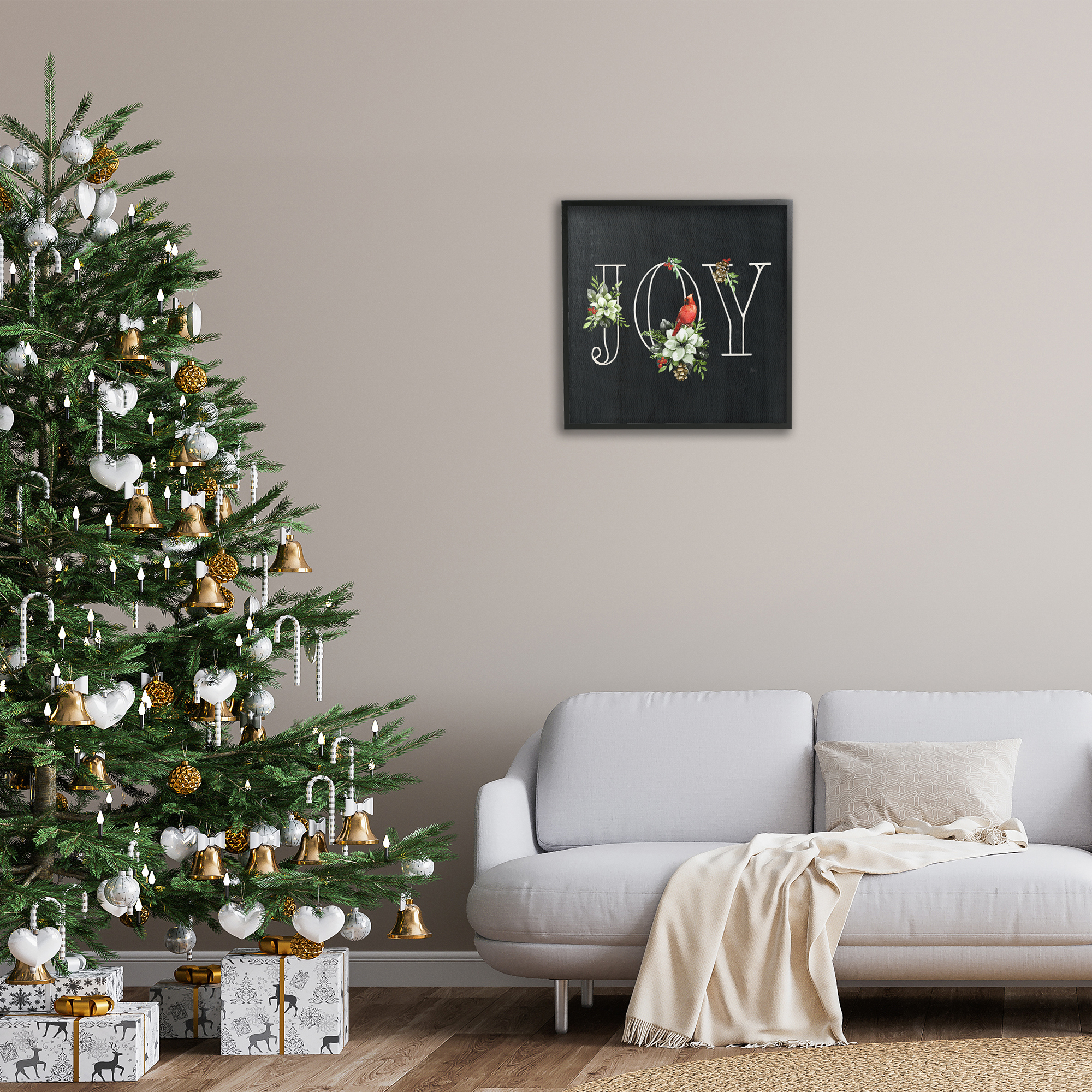 Stupell Industries Joy Letters with Florals Holiday Painting Black Framed Art Prints Wall Art, 24 x 24