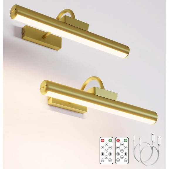 Picture Light Battery Operated, 13in Wireless Art Light for Paintings, Dimmable 5000mAh Recharging Battery Picture Light with Remote Control for Wall, Gallery Dartboard Art Bedroom (Gold-2Pack)