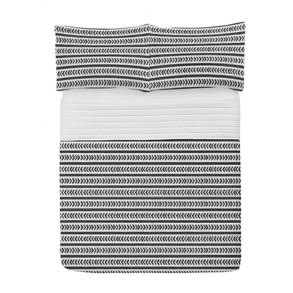 Geometric Microfiber Bedspread Set, Hand Drawn Stripes and Arrow Shapes Pattern with Grunge Background, Soft Bedding Set with Pillow Shams & Comforter, 3 Sizes, Charcoal Grey and White, by Ambesonne