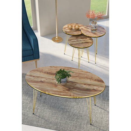 Walnut Oval Coffee Table Set with 4 PCS,Set With 3 Modern Round Nesting Tables And Coffee Table with Gold 3-Rod Metal Legs,Stacking Side Tables With Gold/Black Side Details,Set of 4 Accent Tables