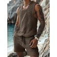 thumbnail image 4 of Men Crochet 2 Piece Outfits Mesh Sheer Tank and Shorts Summer Fishnet Shorts Set for Beach Casual Brown L, 4 of 7