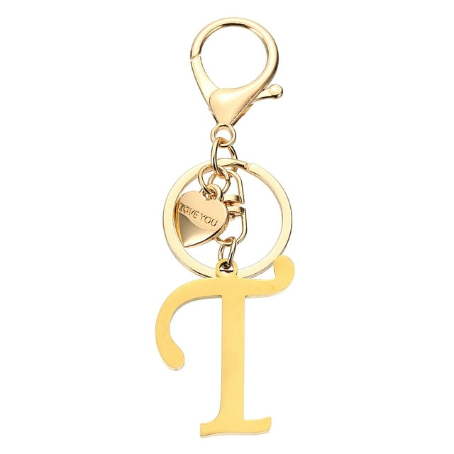 Llave de inicial Uxcell Letra T, anillo de alfabeto en forma de corazón de acero inoxidable, dorado