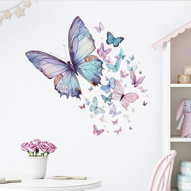 Adhesivos de pared de PVC con dibujos animados de mariposas moradas, 47 x 40 cm