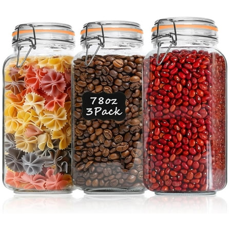 78oz Glass Jars with Airtight Lid : FOUKUS 3 Pack Large Food Storage Container with Labels, Clear Canister for Flour, Sugar, Pasta, Coffee, Cereals, Beans