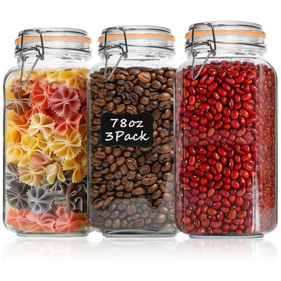 78oz Glass Jars with Airtight Lid : FOUKUS 3 Pack Large Food Storage Container with Labels, Clear Canister for Flour, Sugar, Pasta, Coffee, Cereals, Beans