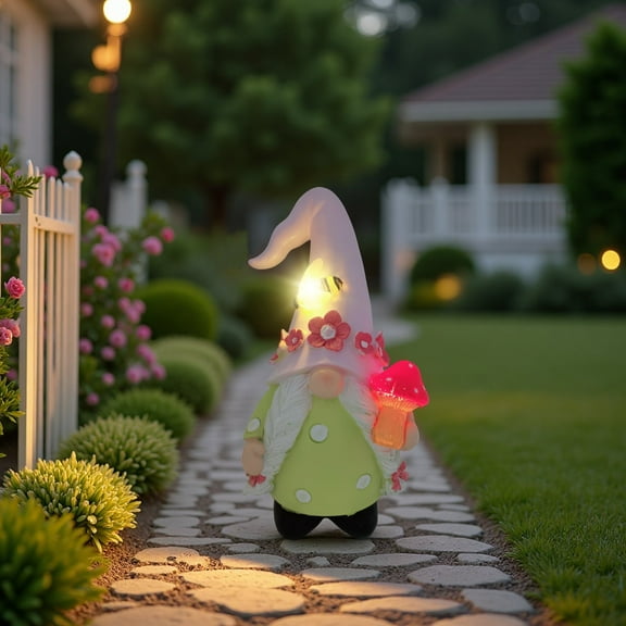 Solar Gnome Statue Spring Garden Decor, Pink Girl Resin Yard Figurine Holds Mushroom Light