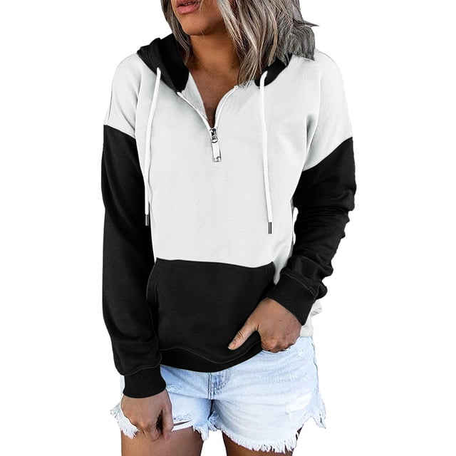 Gibobby Sudadera mujer con cierre, 2023 Sudaderas con capucha y cuello redondo para mujer, diseño de suéter suelto de manga larga(Negro,CH)