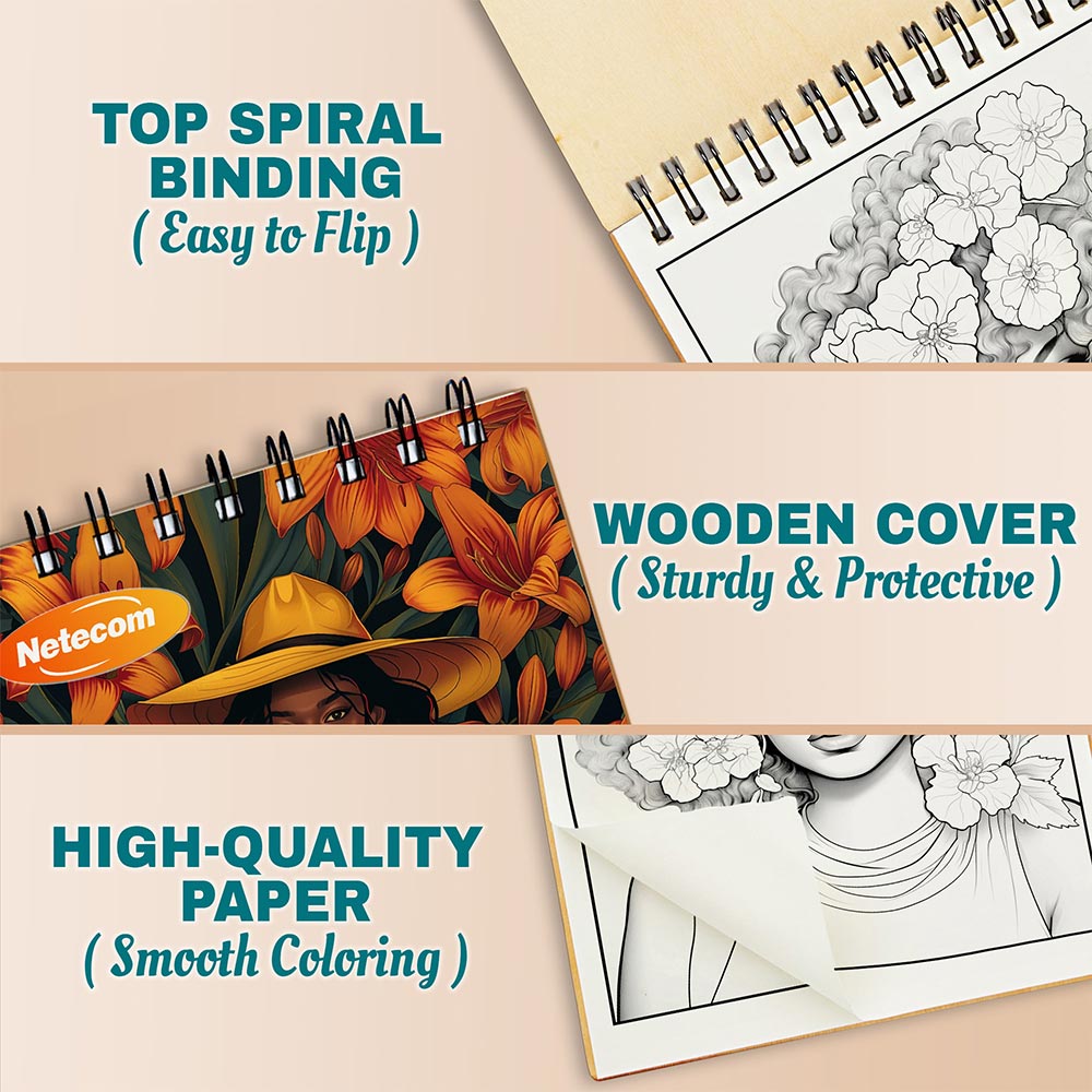 Netecom Black Women Flowers Coloring Book Spiral Bound For Adults, A5 Wooden Cover, 30 Elegant Coloring Pages in Beautiful Floral Portraits for Stress Relief and Relaxation