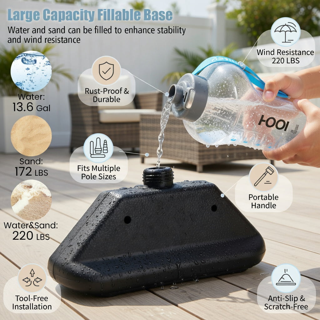 Resenkos Outdoor Umbrella Base, 4 Pieces 13L Cantilever Offset Patio Umbrella Base with Easy-Fill Spouts, Black