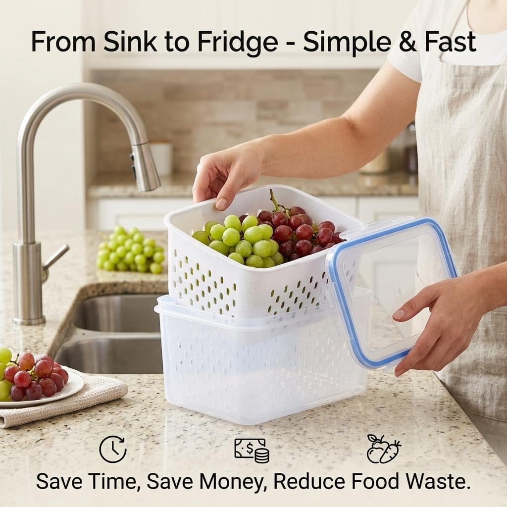 4 in 1 Food Storage Container for Fridge, Produce Keeper with Lid and Removable Strainer, Multipurpose Large Fruit & Vegetable Storage with Drain Basket (Blue)