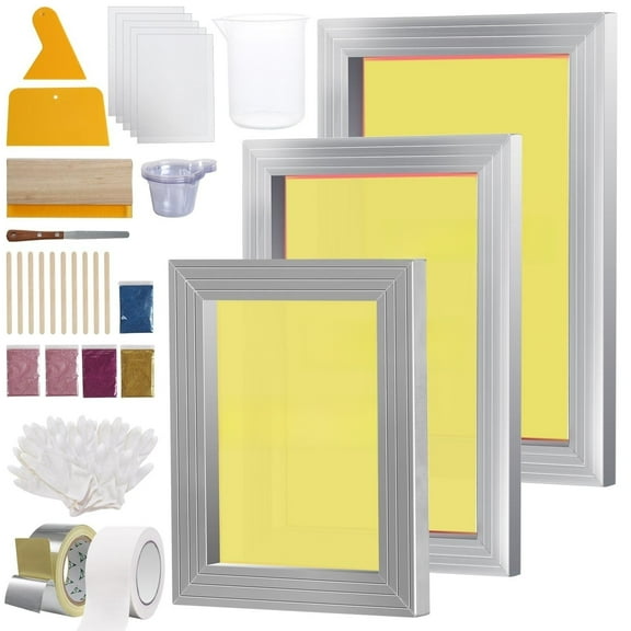 VEVOR Screen Printing Kit, 3 PCS Aluminum Silk Screen Printing Frames, 6x10/8x12/10x14inch 110 Count Mesh, 5 Glitters and Screen Printing Squeegees and Transparency Films for DIY T-shirts Printing