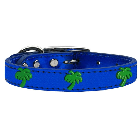 Green Palm Tree Widget Genuine Metallic Leather Dog Collar Blue
