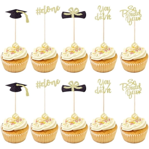 30 adornos brillantes para cupcakes de graduación con forma de diploma y birrete.