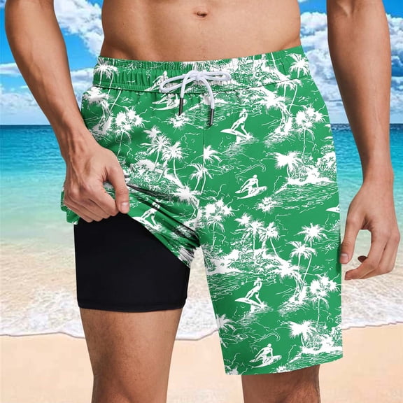 Mens Swim Trunks Drawstring Elastic Waist Quick Dry Short Pants Stretch Casual Liner Beach Shorts for Swimming Surf Green XXL