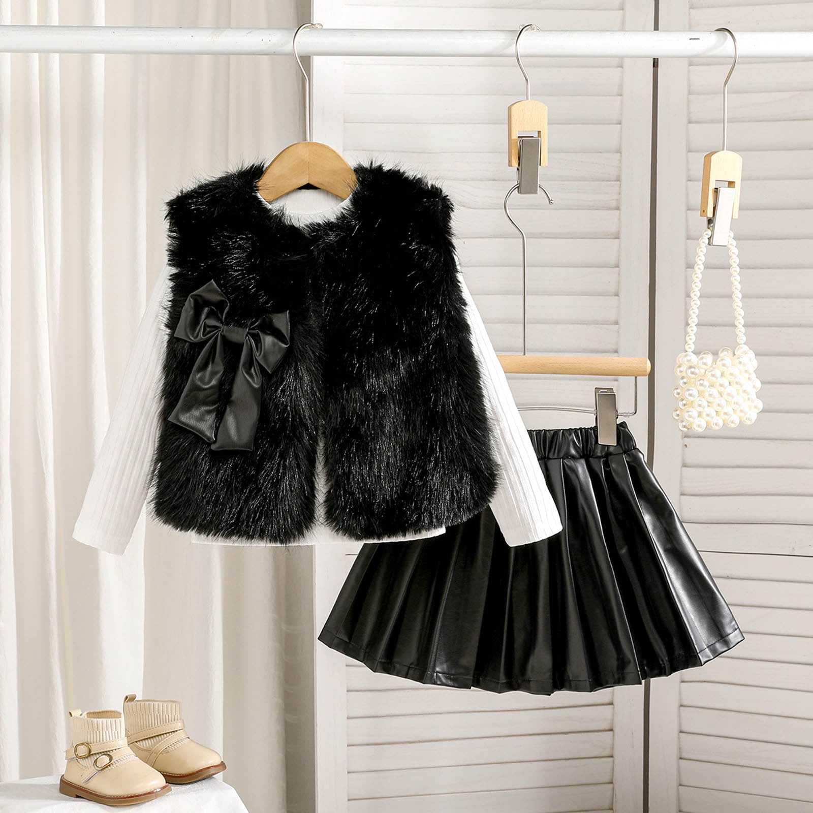 MEZZALL Girls Outfits Set Vest Long Sleeve Round Neck Tops PU Leather Pleated Skirt 3 Piece Outfits For Toddler Kids Holiday Cartoon Clothing