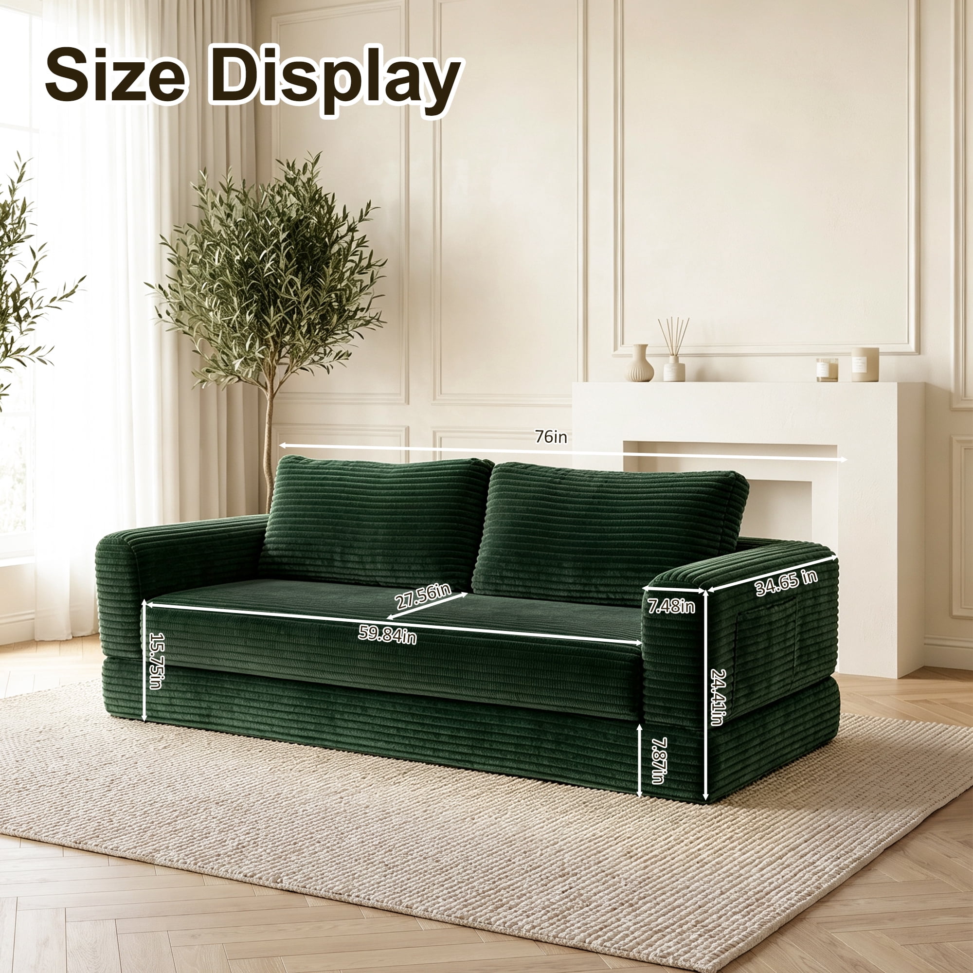 76" Convertible Futon Sofa Bed,Folding Boneless Floor Couch with Deep Seat,Cloud Corduroy Fold Out Sleeper Sofa with Memory Foam Cushion for Living Room,Bedroom,Green