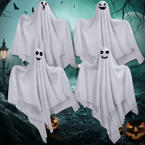 4 Pack Hanging Ghosts Halloween Decorations Outdoor,27.5" Hanging Spooky Ghost , Spooky Flying Ghosts for Front Door Porch Yard Home Party