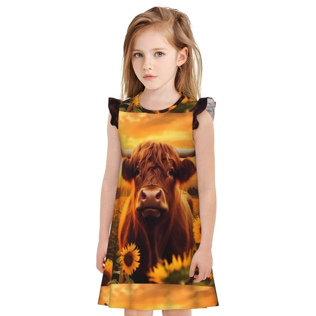 Balery Vintage Sunflower Cow A Camisón de princesa para niñas, pijama de algodón con mangas abullonadas, suave y bonito.-X-Large