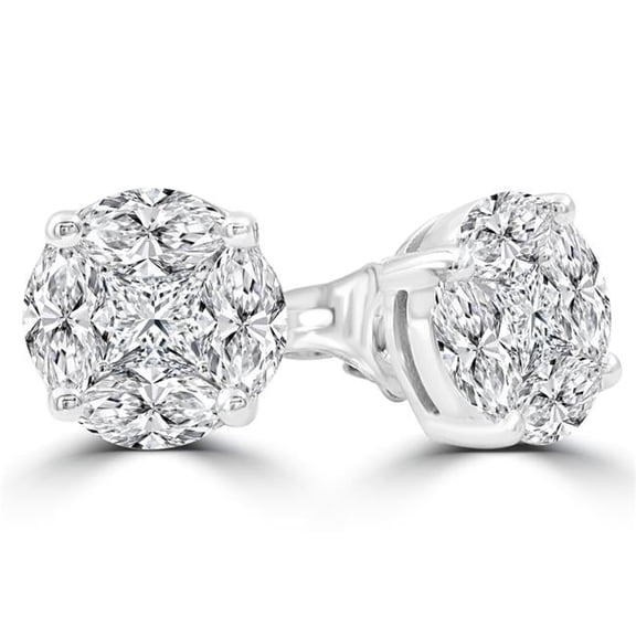 Majesty Diamonds MDR210068 1.5 CTW Princess Diamond Marquise Diamond Cluster Stud Earrings in 14K White Gold