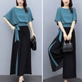thumbnail image 3 of Favoffer Women's Color Block 2-Piece Casual Outfit Short Sleeve Tie-Waist Top and Wide Leg Pants Set, 3 of 9
