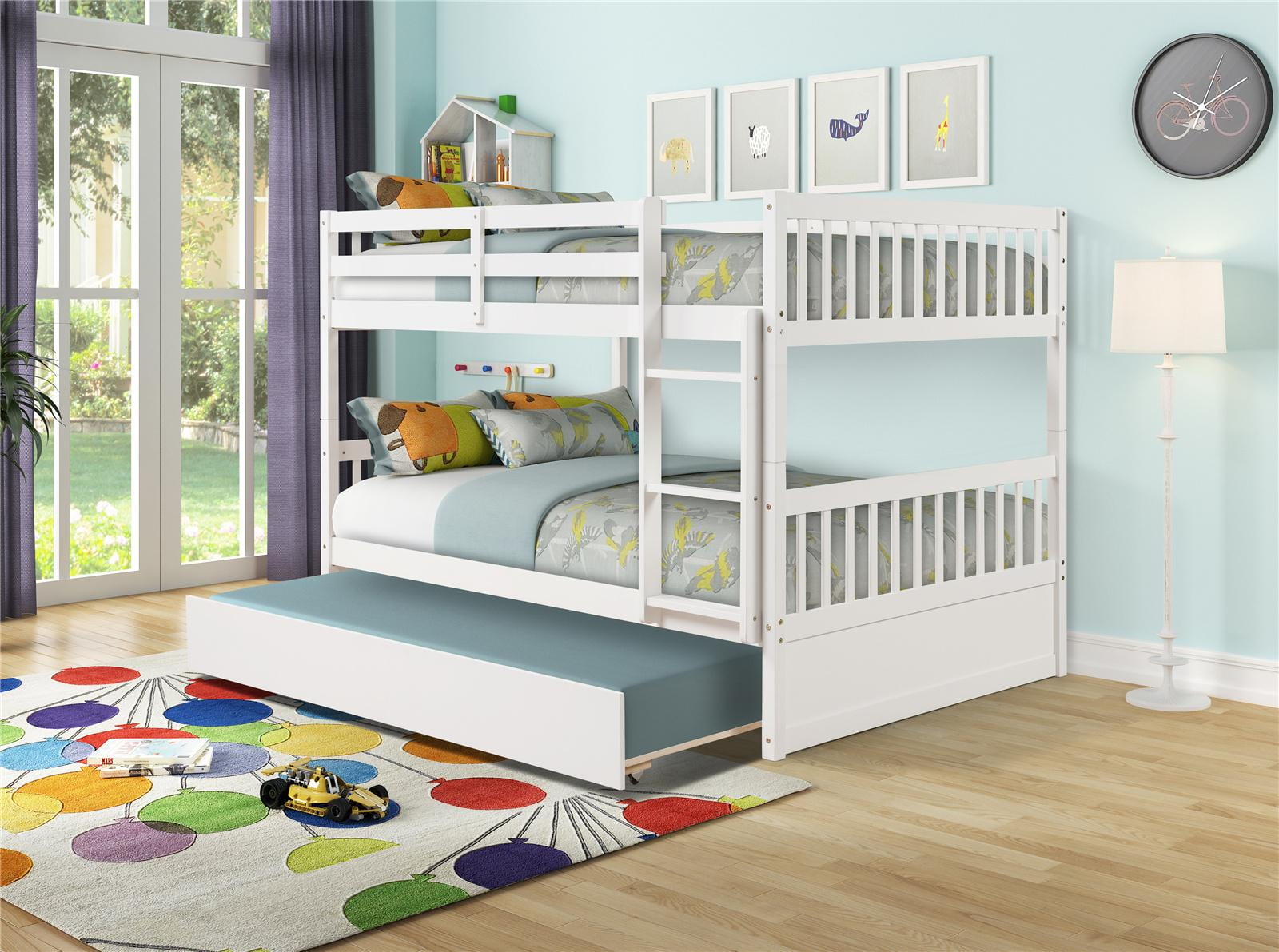 Detachable Full Over Full Bunk Bed with Trundle BedPremium Pine Wood