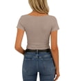 thumbnail image 4 of Womens Short Sleeve Ribbed Tops Square Neck Lace Trim Fitted Tight Shirts Casual Basic Tee Spring Clothes 2026 Trendy Champagne 2XL, 4 of 5