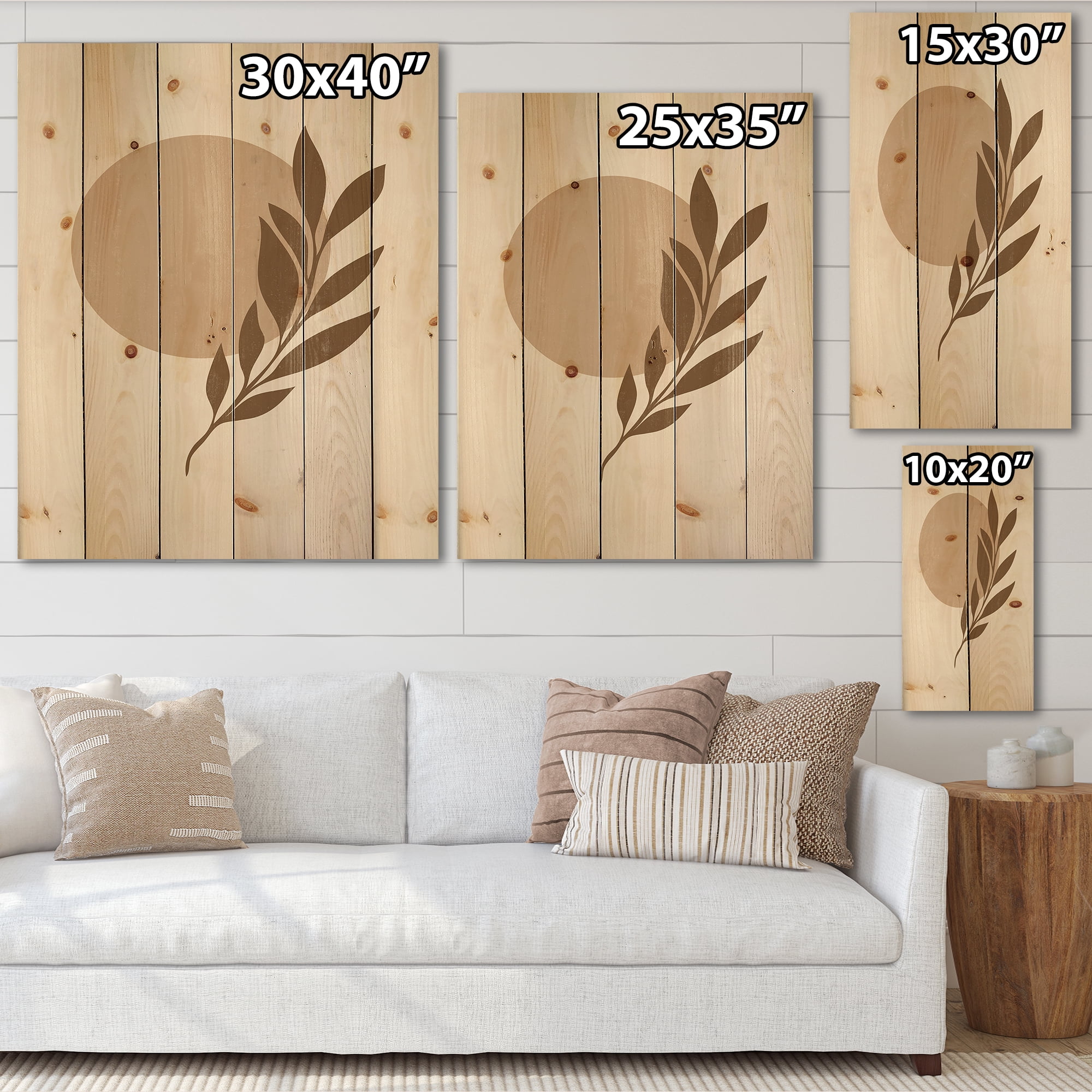 Designart 'Abstract Terracotta Moon and Sun With Tropical Leaf' Modern Print on Natural Pine Wood