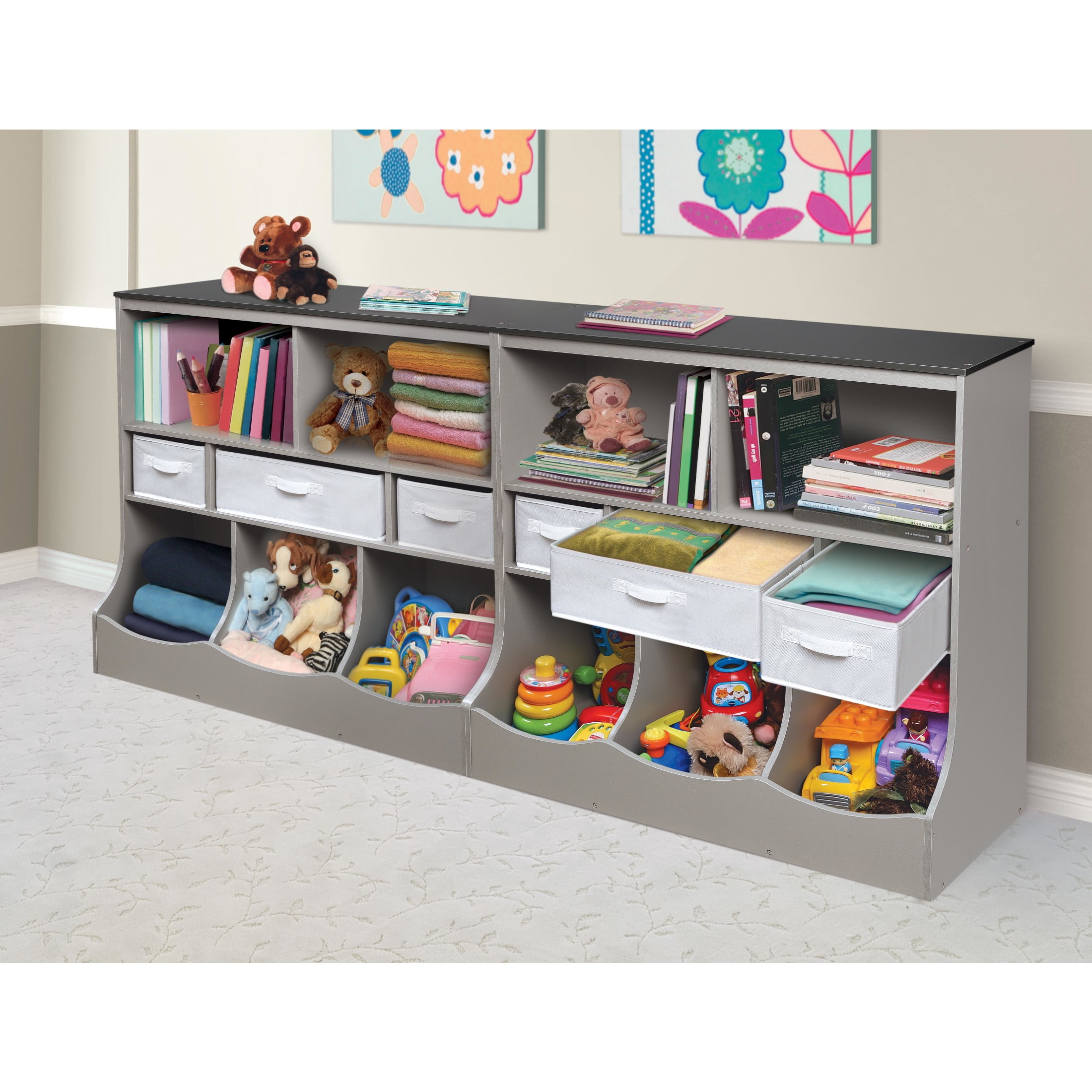 Badger Basket Combo Bin Wood Toy Storage Organizer with Three Baskets 8.6 Cu ft.- Gray