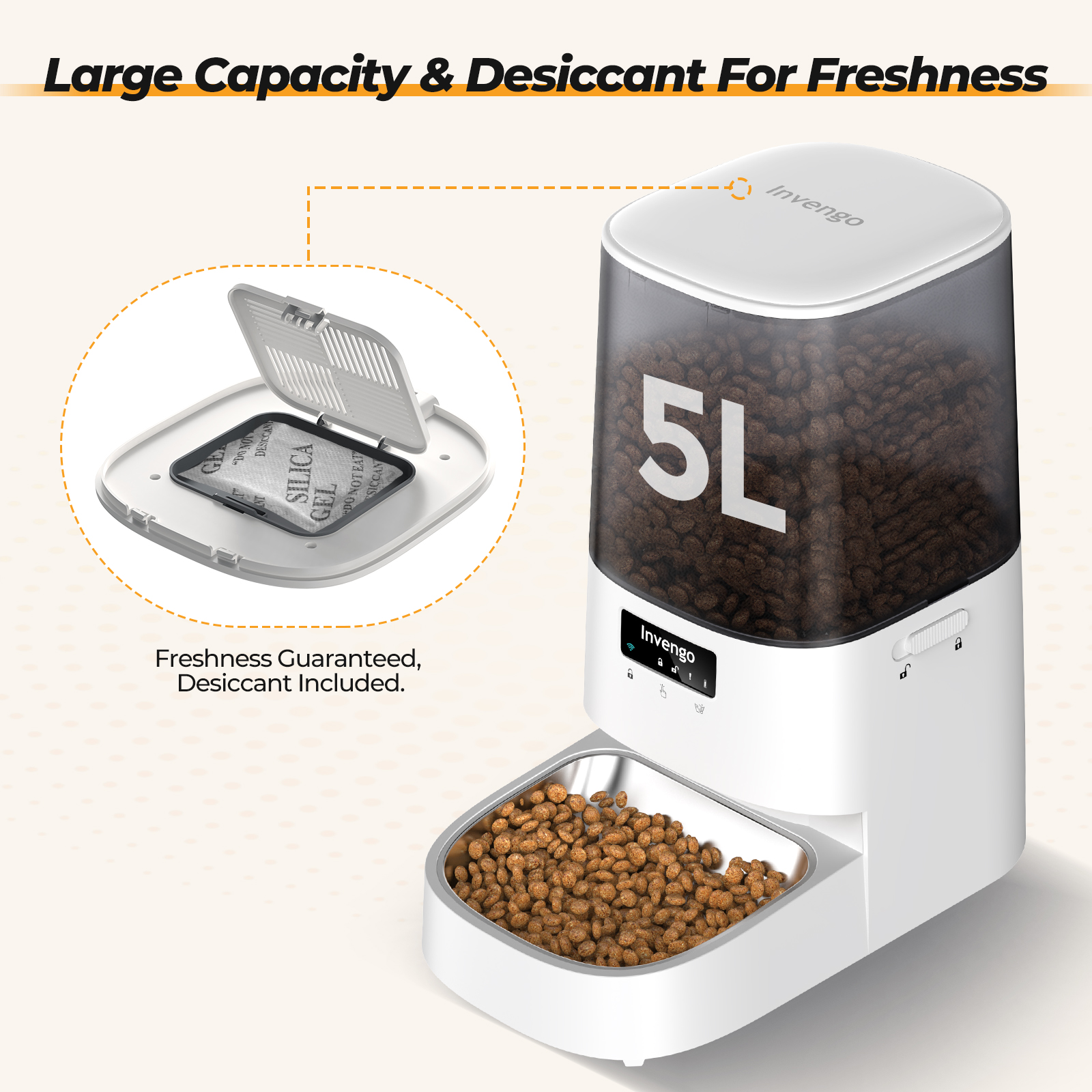 Automatic Cat Feeder, 5L Smart Dry Food Dispenser with 5G/2.4G WiFi App Control, Programmable Portions, Stainless Steel Bowl, White