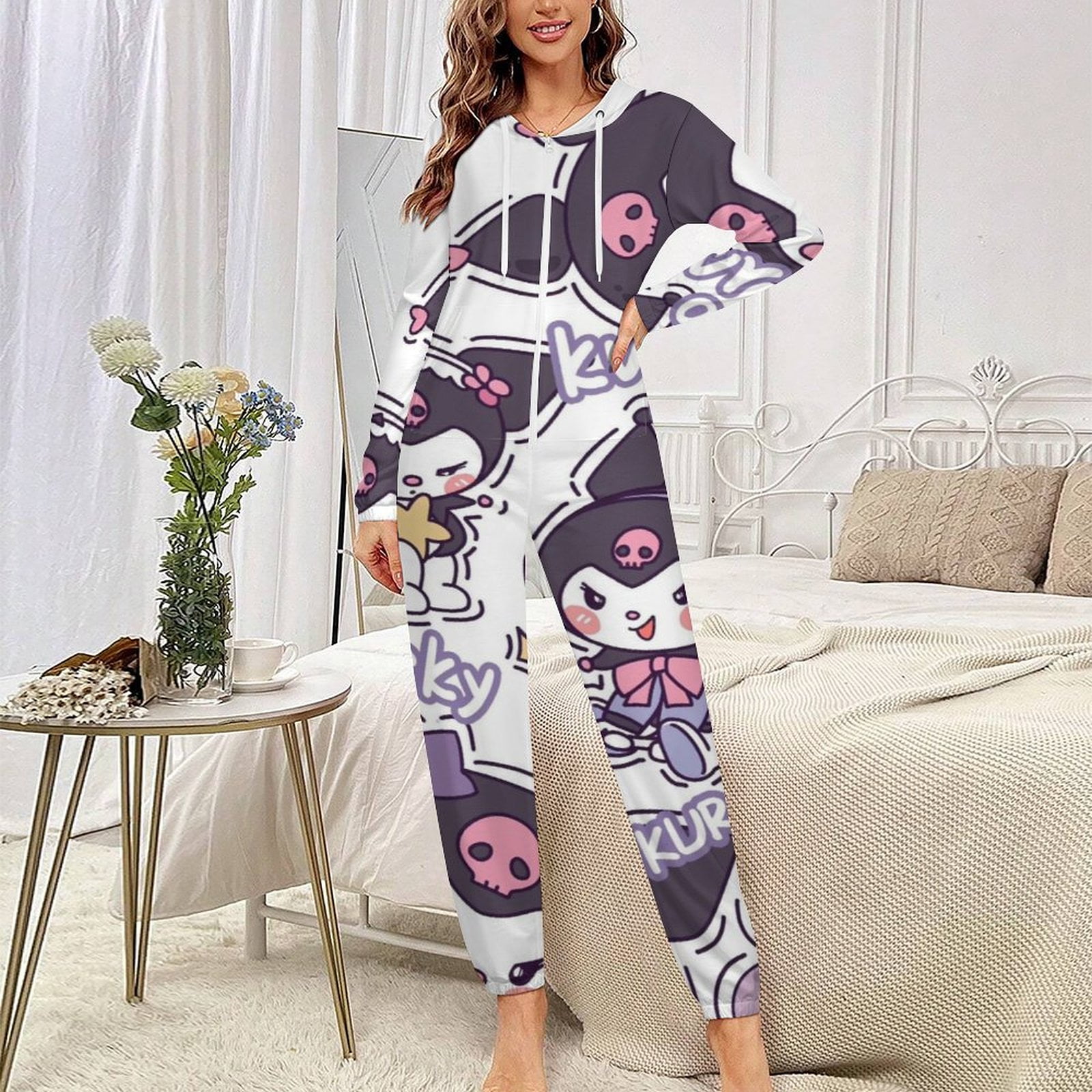 Kuromi And My Melody Unisex Onesie Pajamas Zipper Jumpsuit Hooded