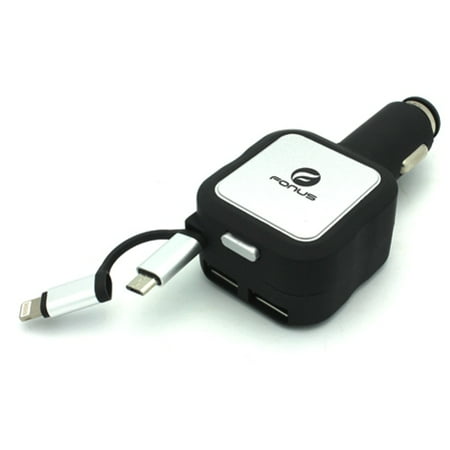 2 Retractable Car Charger - Retractable 4.8Amp Rapid Car DC Charger Dual USB Port 2-in-1 Power Adapter D1P